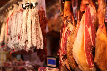 Meat counter in La Boqueria Market, Barcelona, Spain