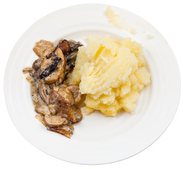 top view stewed mushrooms and mashed potatoes