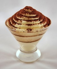 Chocolate cream dessert tiramisu in a glass sundae dish
