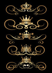 Gold vintage jewelry on black background. Victorian Scrolls and crown. Vector illustration set