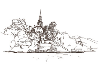 Fototapeta premium Church on the island in lake Bled in Slovenia