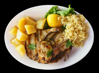 Grilled mackarel with rice and potatoes