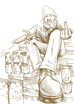 Dude selling marijuana on the stairs. / Hand drawing