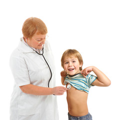 doctor examining little boy isolated on white background