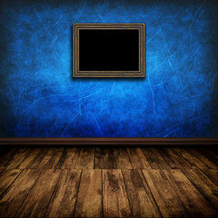 Dark vintage room with wooden floor and old frame on the wall
