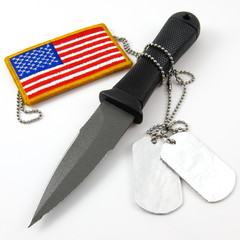 Special forces boot knife, dog tags, American Flag