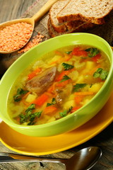 Chicken soup with red lentils.