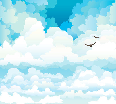Vector clouds on a blue sky with birds