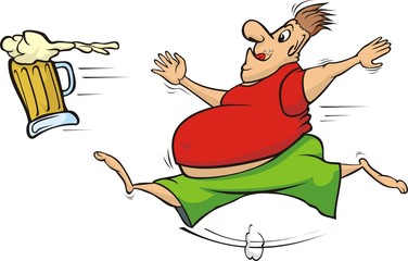 fat man chasing a mug of beer