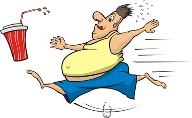 fat man chasing a calorie beverage