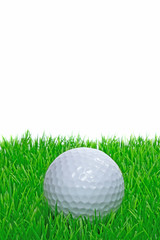 A golf ball sitting on grass with white background copy space