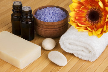 Natural body care: organic soap, lavender sea salt, aroma oils