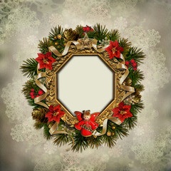 Fototapeta na wymiar Vintage background with a Christmas wreath and angel