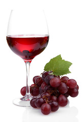glass of wine and grapes, isolated on white
