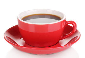 A red cup of strong coffee isolated on white