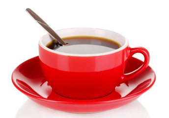A red cup of strong coffee isolated on white