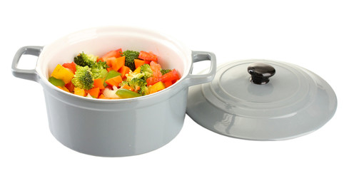 Vegetable stew in gray pot isolated on white