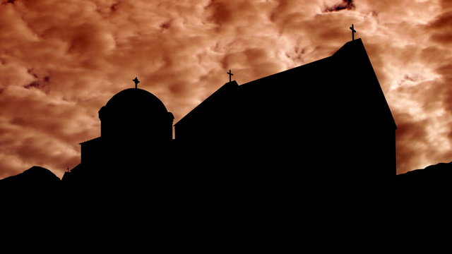 Serbia manastir Studenica orange clouds