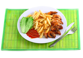 Deep-fried potatoes with fry shrimps. Isolated