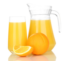 Full glass and jug of orange juice and oranges isolated on