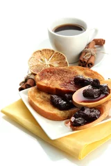 Fotobehang White bread toast with jam and cup of coffee, isolated on white © Africa Studio