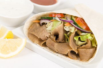 Donner Kebab Wrap: Donner meat, salad & sauce in a flatbread