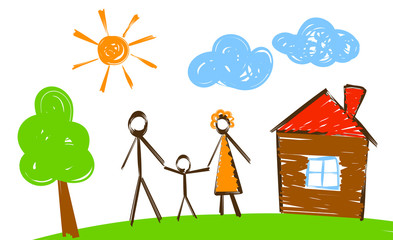 happy family, simply painted picture like vector illustration