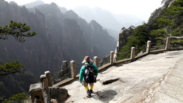 Hiker in Huangshan National Park, Anhui province, China.