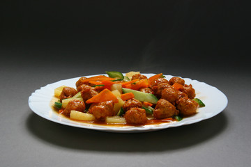Chinese chicken meat balls in sweet and sour sauce