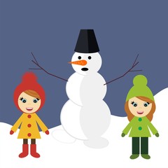 nice girls and snowman outdoor