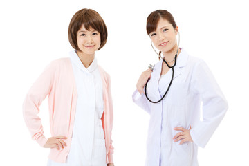 Beautiful young hospital staff on white background