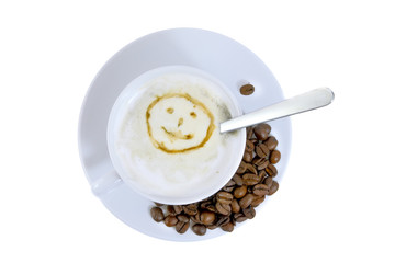 Cup of hot coffee e with cream foam.
