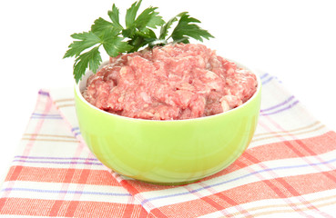 Bowl of raw ground meat isolated on white