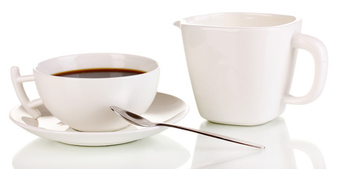 A cup of strong coffee and sweet cream isolated on white