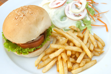 hamburger with fries and salad