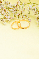 Obraz na płótnie Canvas Gold wedding rings and branch flowers