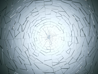 Bullet hole: pieces of broken transparent glass