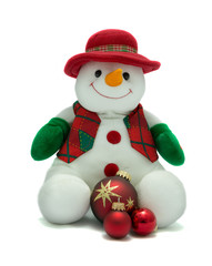 Christmas Snowman with red baubles.