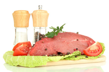 Raw beef meat marinated with herbs and spices isolated on white