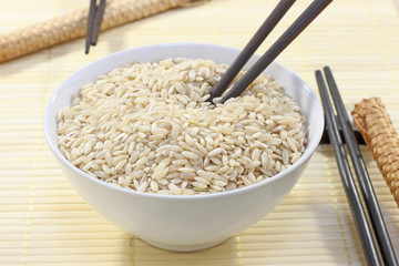 Bowl of rice and chopsticks