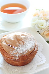 chocolate pastry cake with English tea
