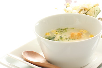 corn potage soup with toast and herb
