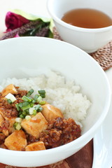 Chinese cuisine, Mapo Tofu rice bowl with hot tea