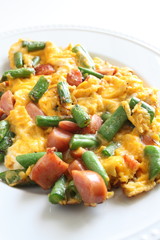 chinese cuisine, bean and sausage fried egg