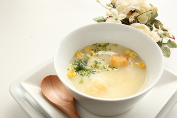 Corn potage with toast and herb on top