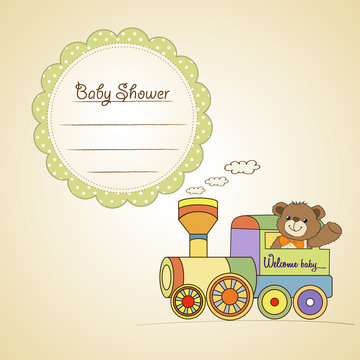 baby shower card with teddy bear and train toy