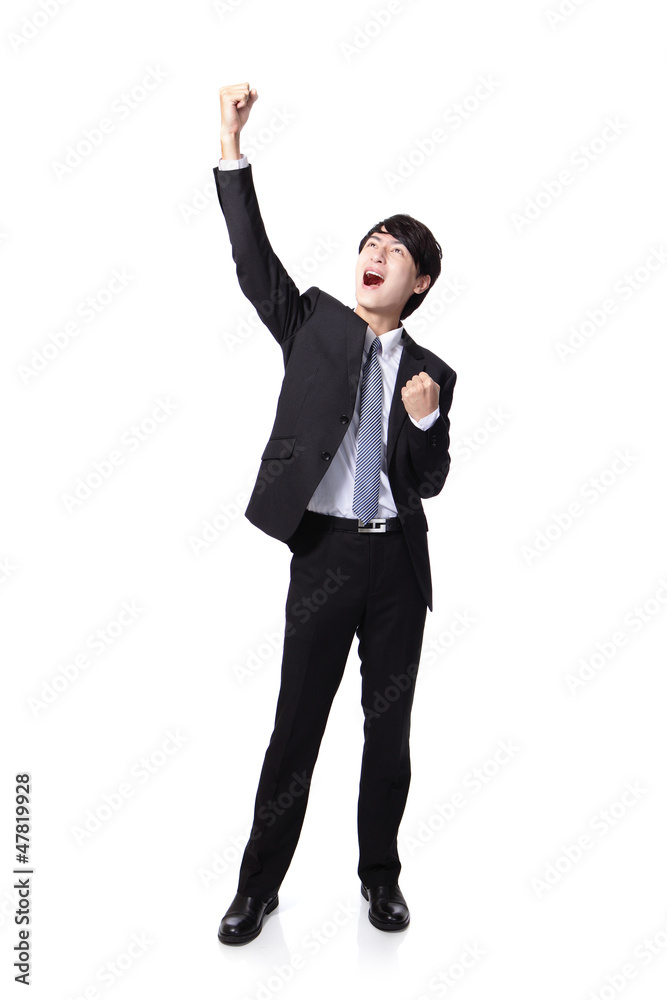 Poster Excited business man with arms raised