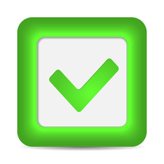 Green glossy web button with check mark sign.