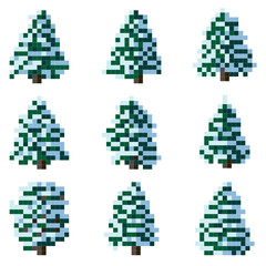 Set of pixel winter snowy tree.