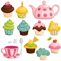 Tea set and cupcakes, vector illustration